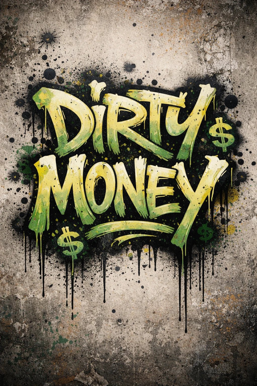 Graffiti-style hand-sprayed lettering text painted on a concrete wall with dripping paint and raw urban texture: Dirty Money