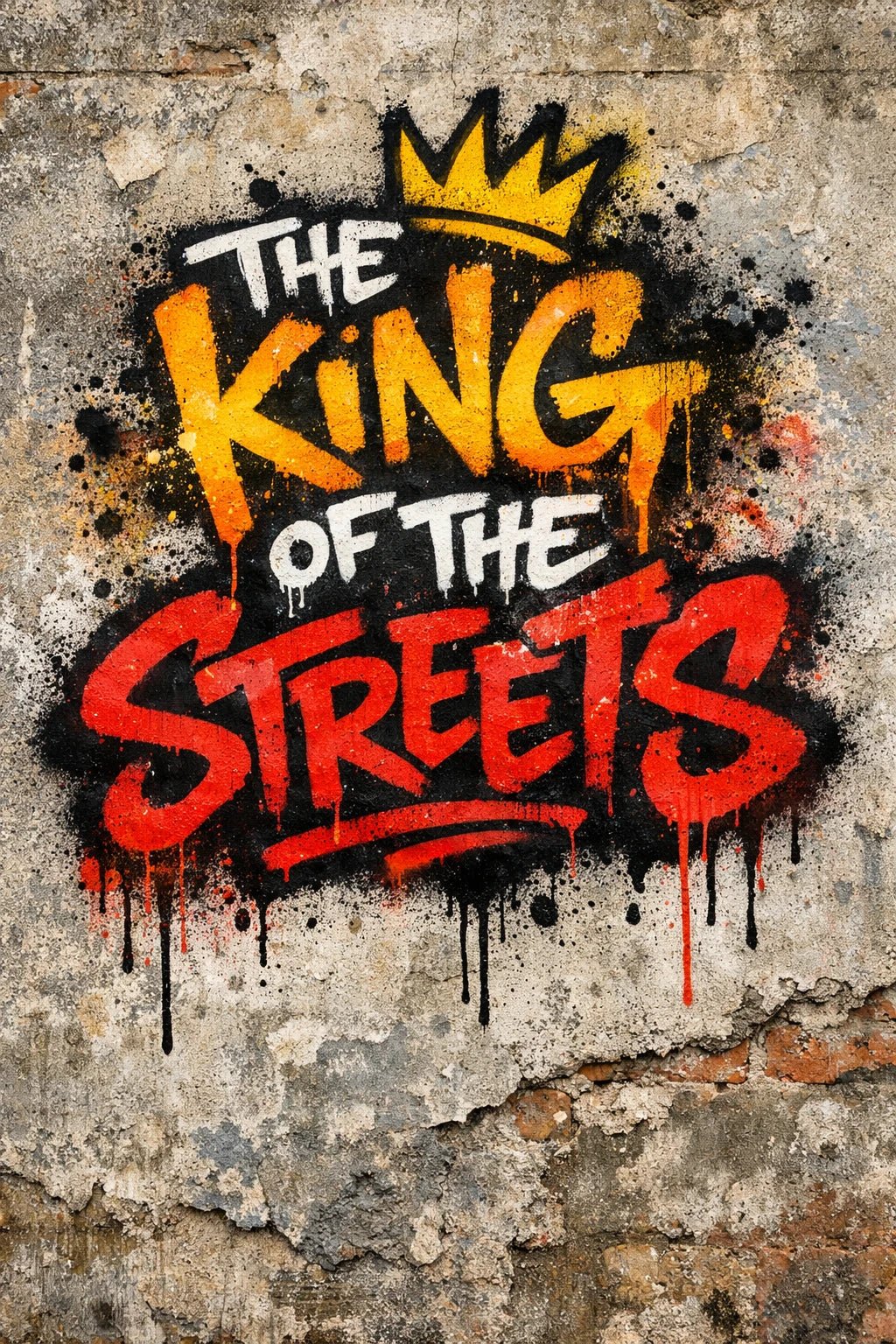 Graffiti-style hand-sprayed lettering text painted on a concrete wall with dripping paint and raw urban texture: The King of the Streets