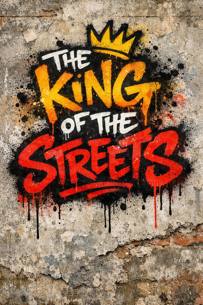Graffiti-style hand-sprayed lettering text painted on a concrete wall with dripping paint and raw urban texture: The King of the Streets