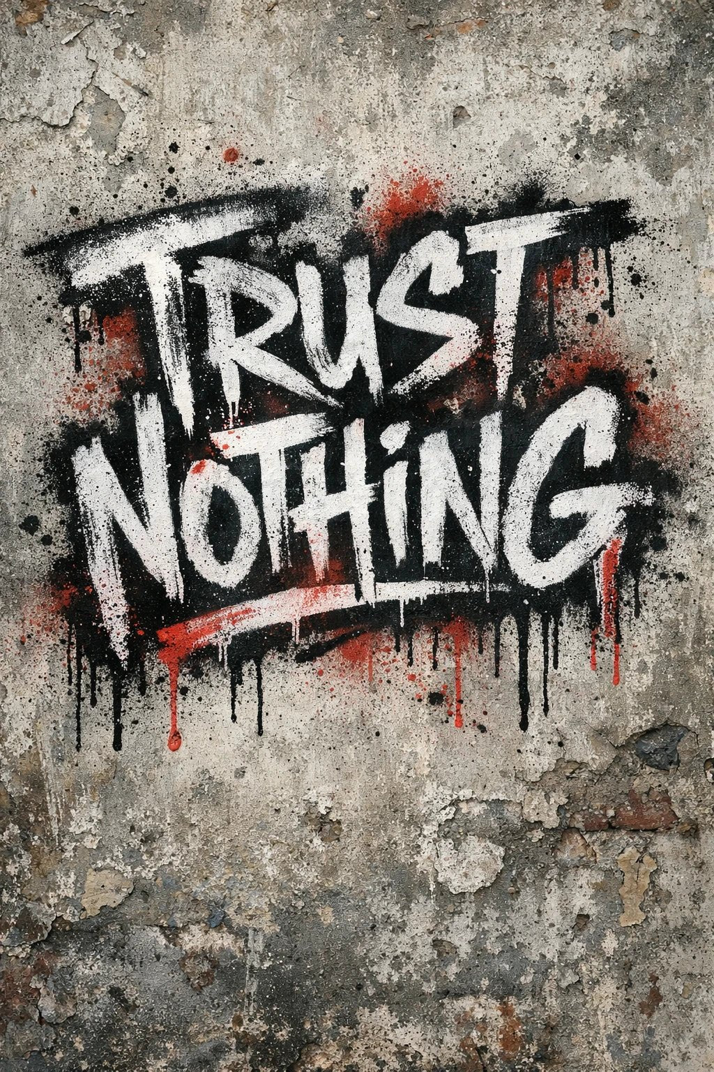 Graffiti-style hand-sprayed lettering text painted on a concrete wall with dripping paint and raw urban texture: Trust Nothing