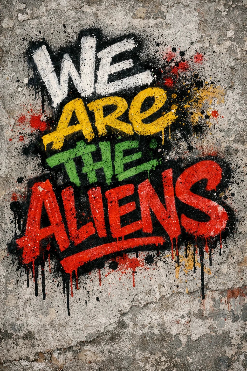 Graffiti-style hand-sprayed lettering text painted on a concrete wall with dripping paint and raw urban texture: We Are The Aliens