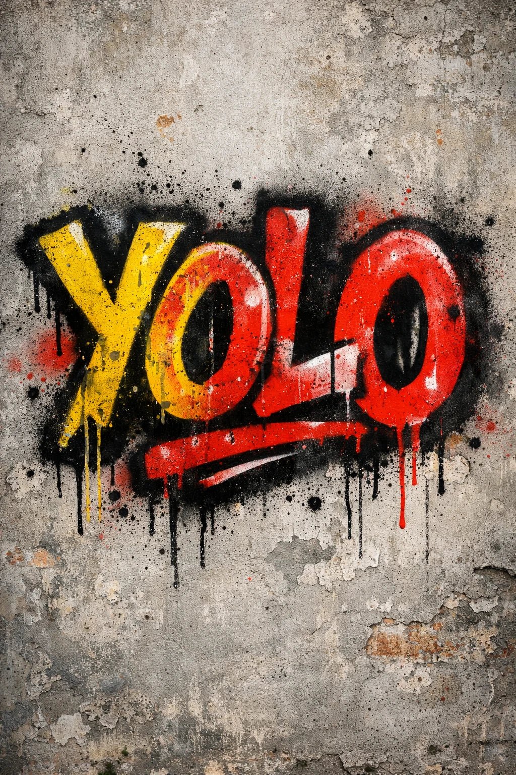 Graffiti-style hand-sprayed lettering text painted on a concrete wall with dripping paint and raw urban texture: Yolo