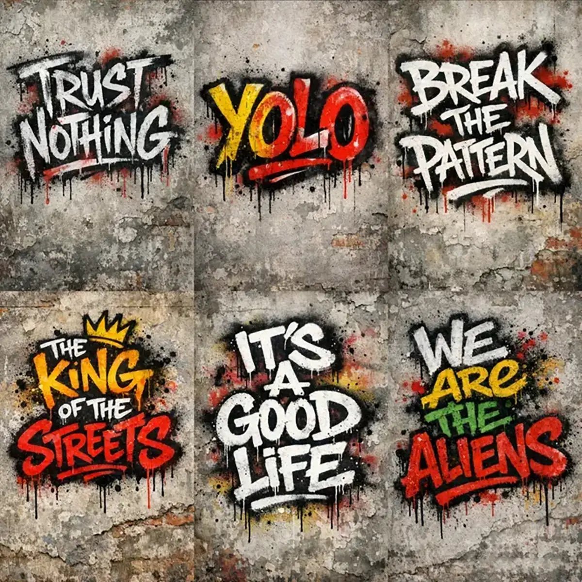 Graffiti-style hand-sprayed lettering phrases painted on a concrete wall with dripping paint and raw urban textures