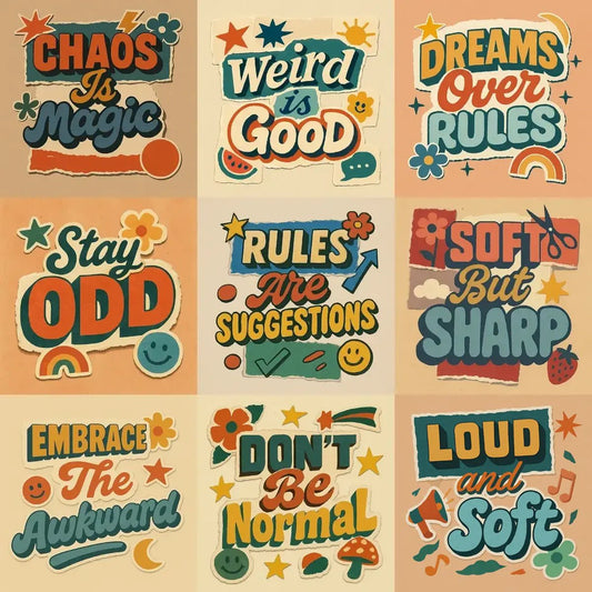 Example output from the Handcrafted Retro Zine Slogan Collages ChatGPT prompt: retro collage slogans with mixed fonts, sticker-cut edges, muted color palettes, and zine-style texture layers.