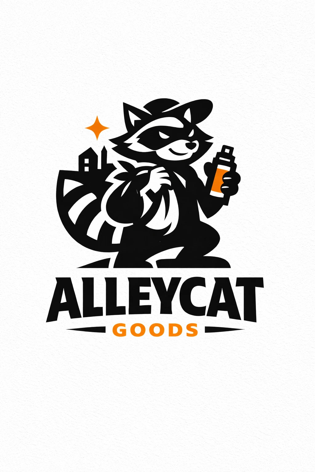 Example output from the Heraldic Logo Mascot Designs ChatGPT prompt: an Alleycat Goods mascot logo in a minimalist black vector style with a bold silhouette-first composition.