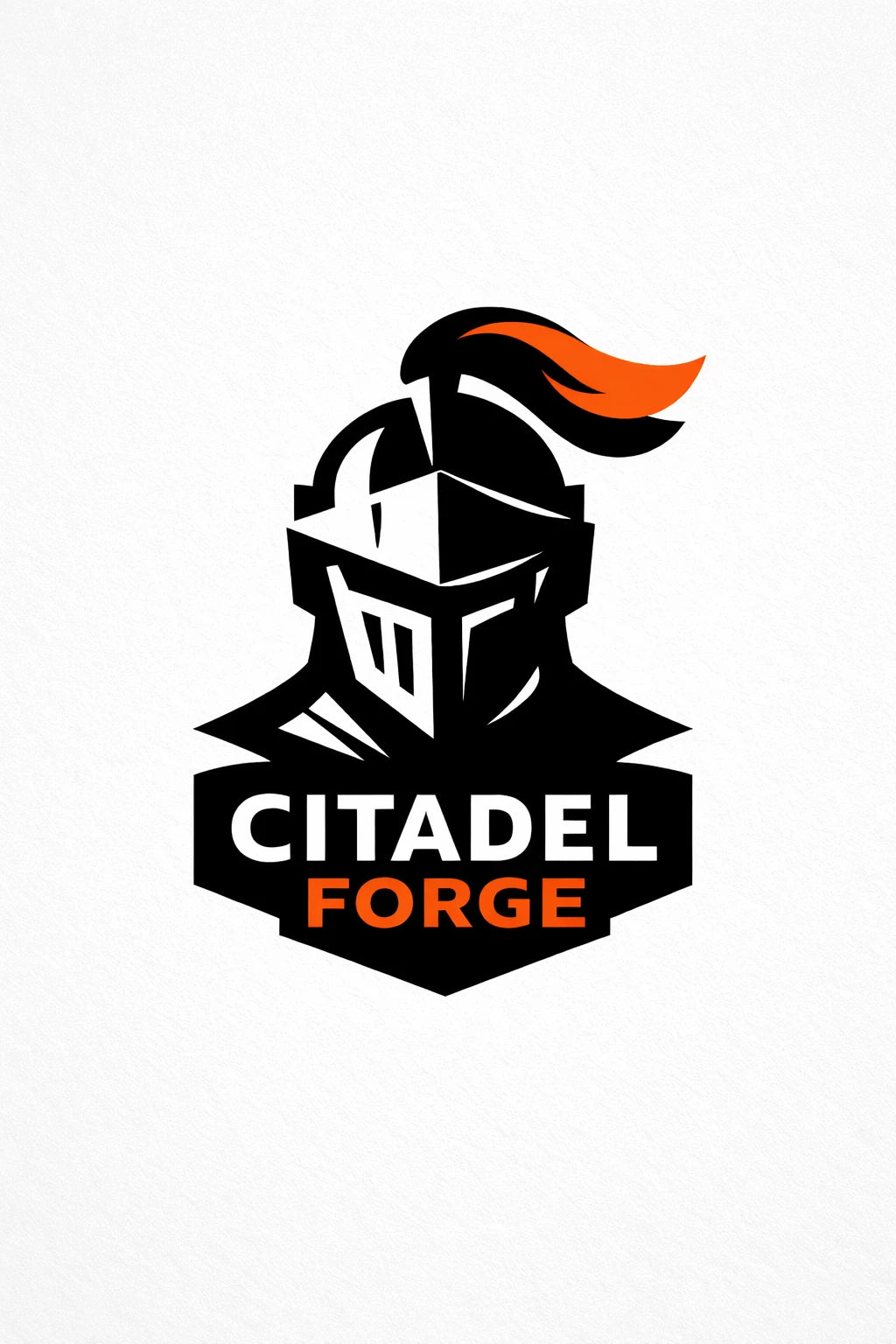 Example output from the Heraldic Logo Mascot Designs ChatGPT prompt: a Citadel Forge logo with a plumed knight helmet inside a black shield and orange accent type.