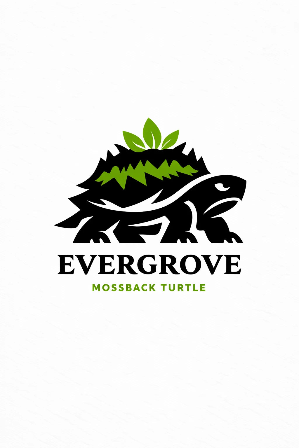 Example output from the Heraldic Logo Mascot Designs ChatGPT prompt: an Evergrove logo with a mossback turtle silhouette carrying green foliage on its shell.