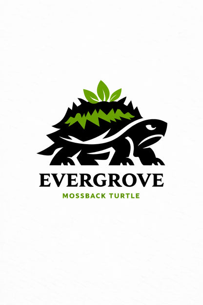 Example output from the Heraldic Logo Mascot Designs ChatGPT prompt: an Evergrove logo with a mossback turtle silhouette carrying green foliage on its shell.