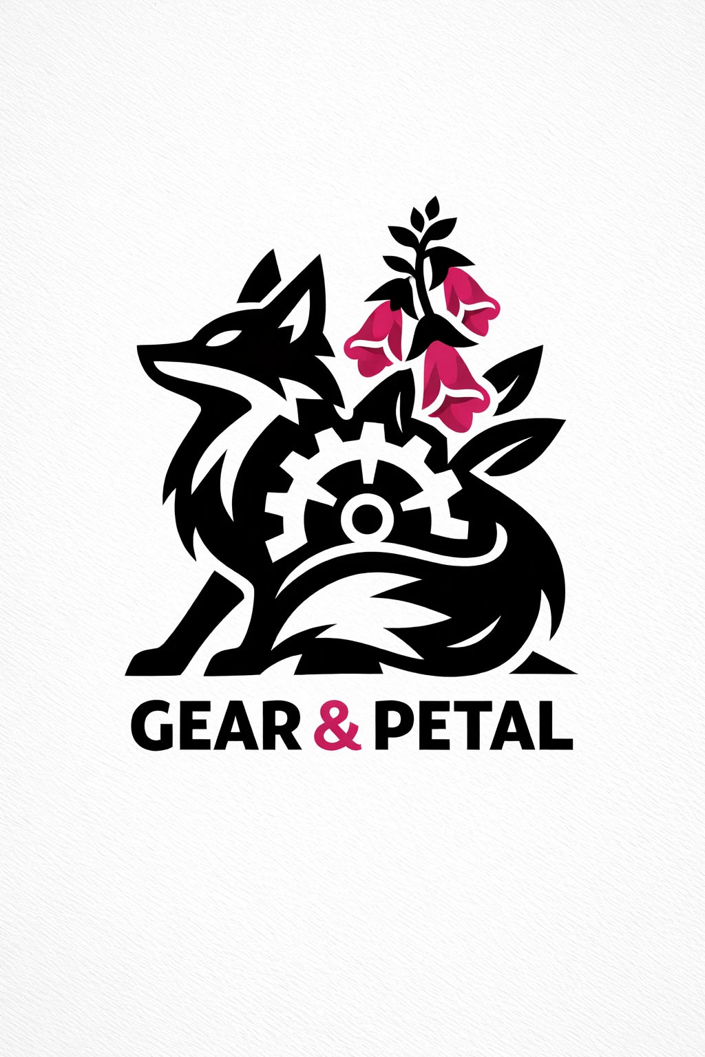 Example output from the Heraldic Logo Mascot Designs ChatGPT prompt: a Gear and Petal logo with a seated fox silhouette wrapped around a gear, topped with pink foxglove flowers.