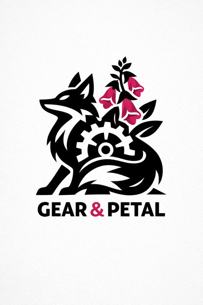Example output from the Heraldic Logo Mascot Designs ChatGPT prompt: a Gear and Petal logo with a seated fox silhouette wrapped around a gear, topped with pink foxglove flowers.