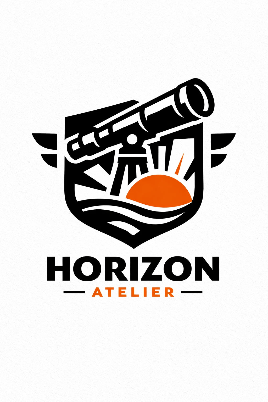 Example output from the Heraldic Logo Mascot Designs ChatGPT prompt: a Horizon Atelier logo with a telescope over a sunrise inside a winged badge crest.