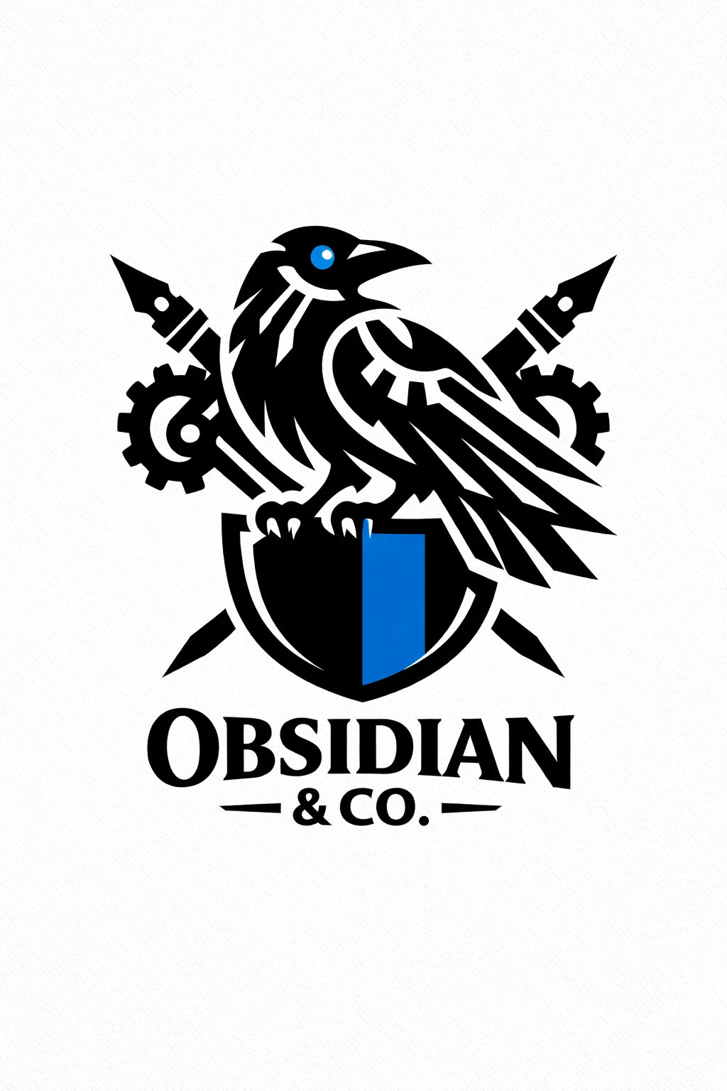Example output from the Heraldic Logo Mascot Designs ChatGPT prompt: an Obsidian and Co. logo with a raven perched on a shield flanked by crossed spears and gears.