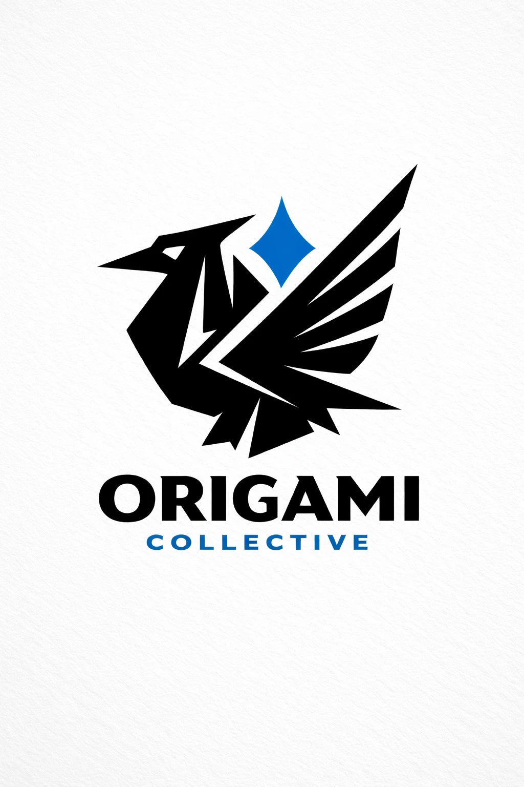 Example output from the Heraldic Logo Mascot Designs ChatGPT prompt: an Origami Collective logo with a faceted origami bird in solid black and a small blue diamond accent.