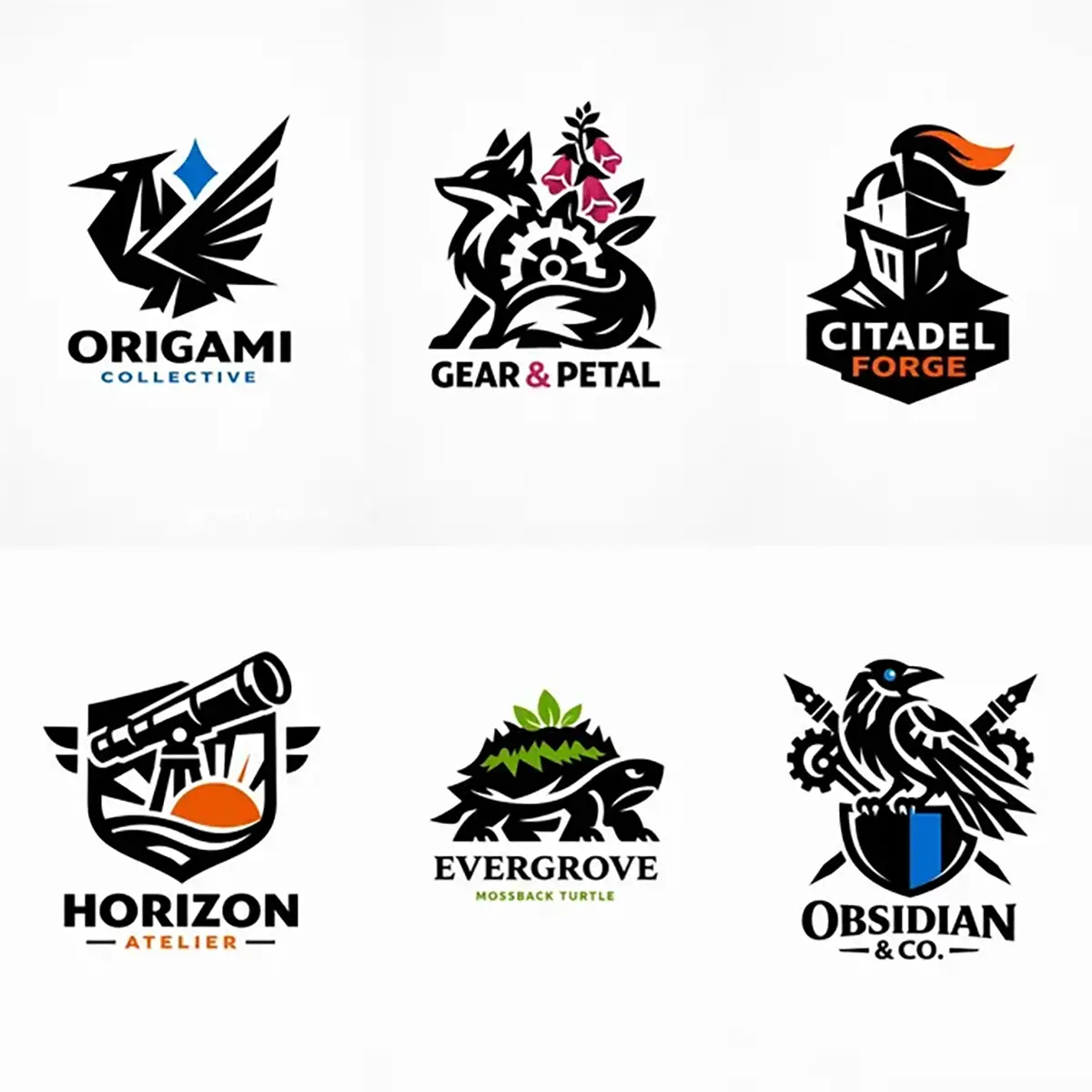 Example output from the Heraldic Logo Mascot Designs ChatGPT prompt: a six-logo grid of minimalist black vector mascot marks including an origami bird, a fox with gear and flowers, a knight helmet, a telescope crest, a mossback turtle and a raven on a shield.