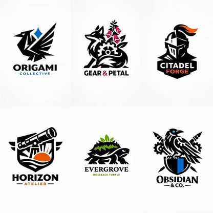 Example output from the Heraldic Logo Mascot Designs ChatGPT prompt: a six-logo grid of minimalist black vector mascot marks including an origami bird, a fox with gear and flowers, a knight helmet, a telescope crest, a mossback turtle and a raven on a shield.