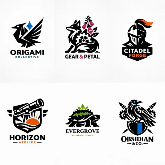 Example output from the Heraldic Logo Mascot Designs ChatGPT prompt: a six-logo grid of minimalist black vector mascot marks including an origami bird, a fox with gear and flowers, a knight helmet, a telescope crest, a mossback turtle and a raven on a shield.