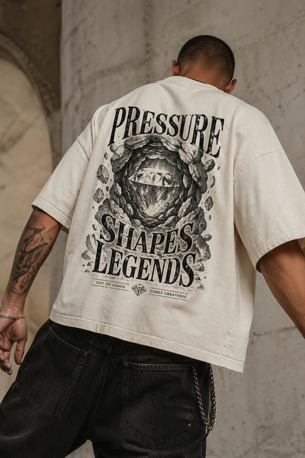 Example output from the Heritage Back Print Tee Designs ChatGPT prompt: a cream oversized tee with a Pressure Shapes Legends heritage back print, shot from behind against a concrete backdrop.