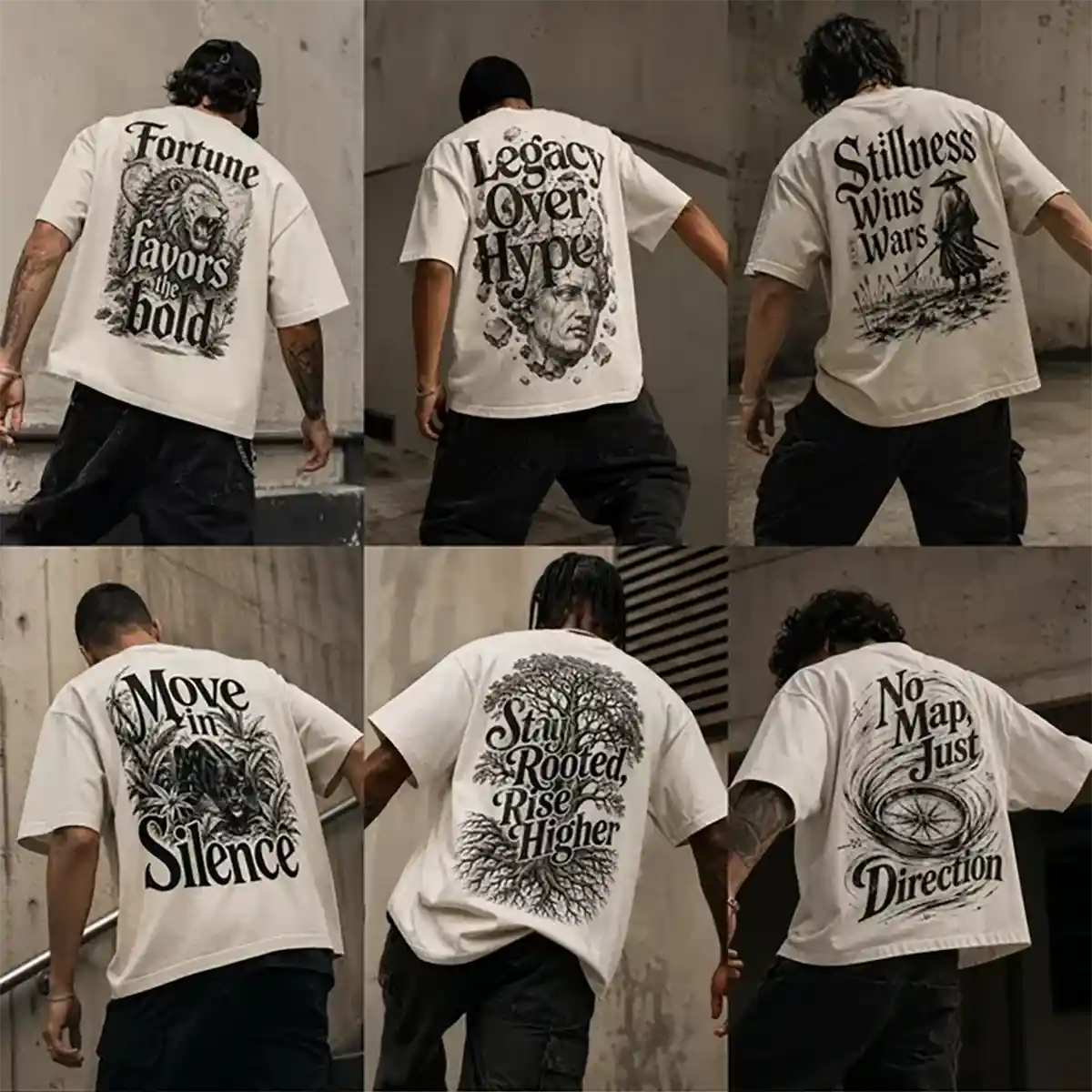 Example output from the Heritage Back Print Tee Designs ChatGPT prompt: a six-image grid of models photographed from behind in cream oversized tees with detailed heritage back prints, shot against raw concrete streetwear backdrops.