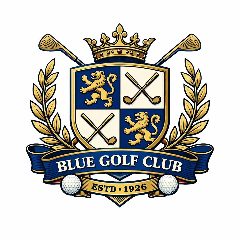 Heritage-style brand crest design with classic heraldic symbols, shields, crowns, and ornamental detailing: Blue Golf Club