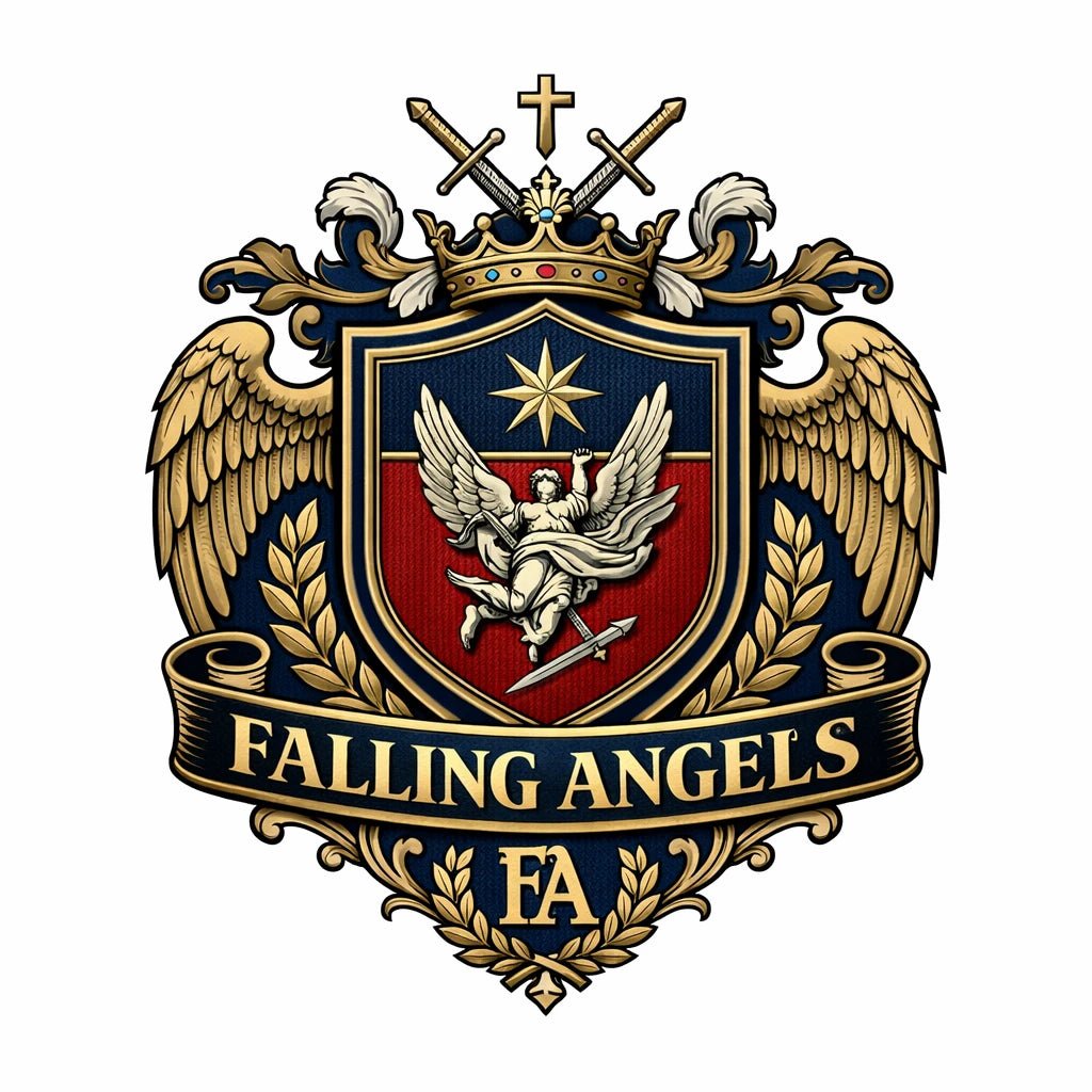 Heritage-style brand crest design with classic heraldic symbols, shields, crowns, and ornamental detailing: Falling Angels