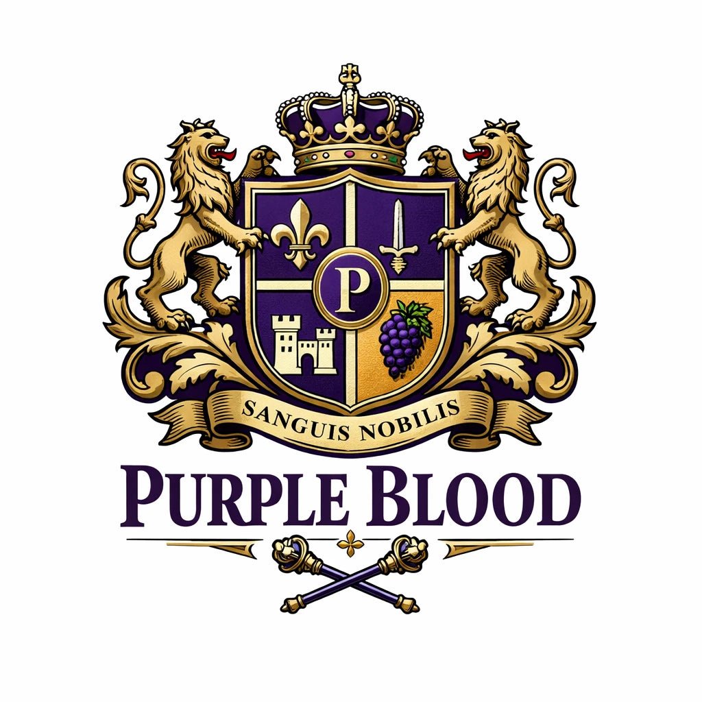 Heritage-style brand crest design with classic heraldic symbols, shields, crowns, and ornamental detailing: Purple Blood