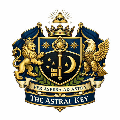 Heritage-style brand crest design with classic heraldic symbols, shields, crowns, and ornamental detailing: The Astral Key