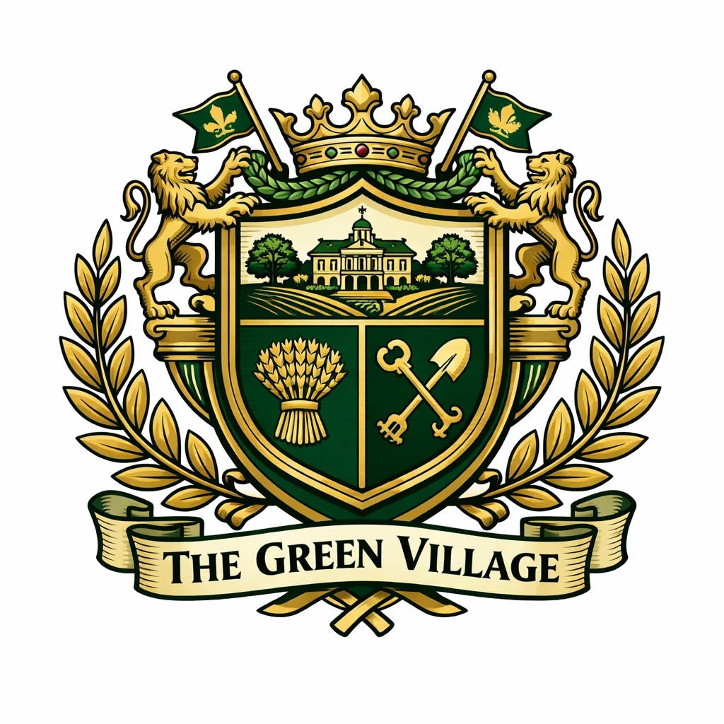 Heritage-style brand crest design with classic heraldic symbols, shields, crowns, and ornamental detailing: The Green Village
