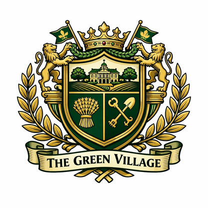 Heritage-style brand crest design with classic heraldic symbols, shields, crowns, and ornamental detailing: The Green Village