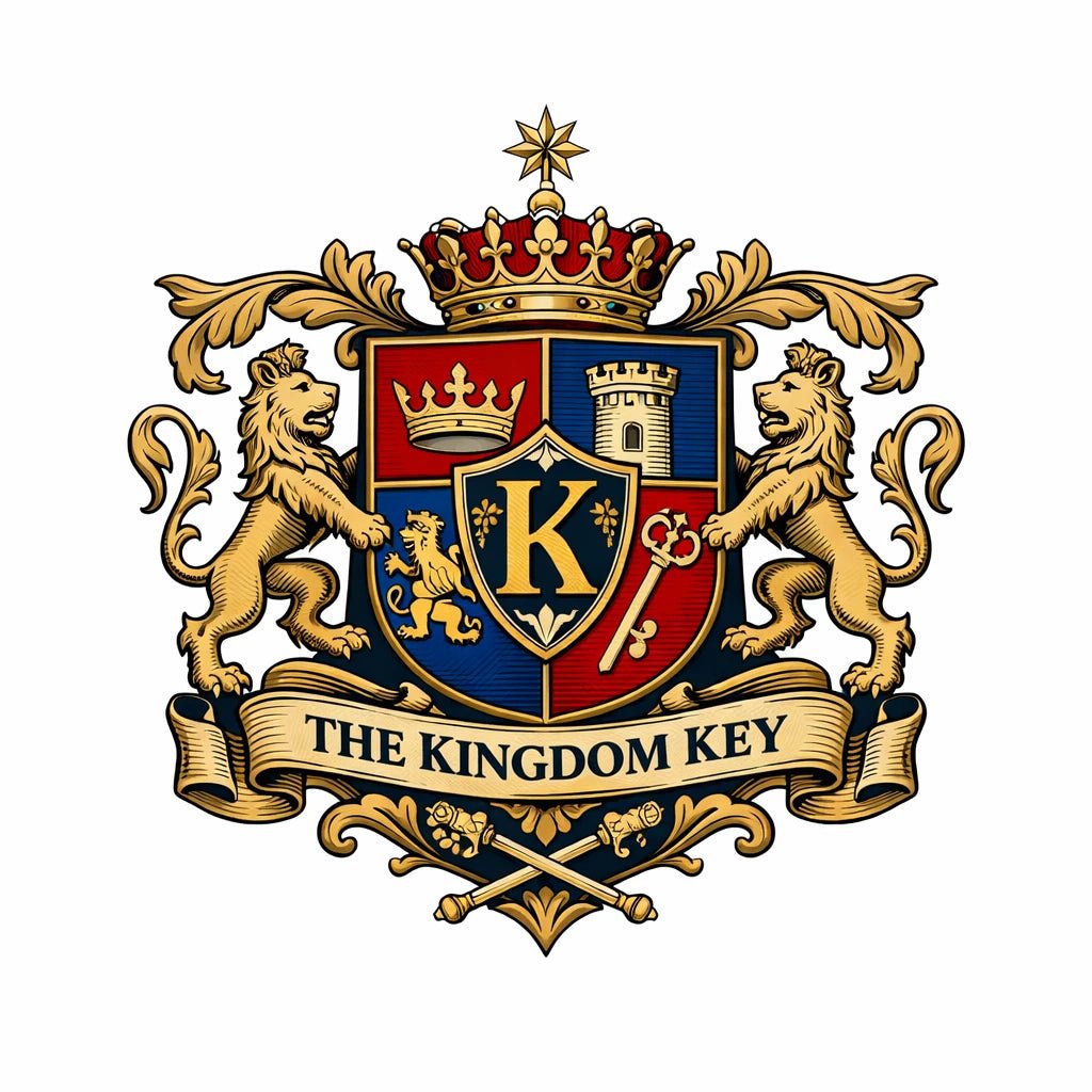 Heritage-style brand crest design with classic heraldic symbols, shields, crowns, and ornamental detailing: The Kingdom Key