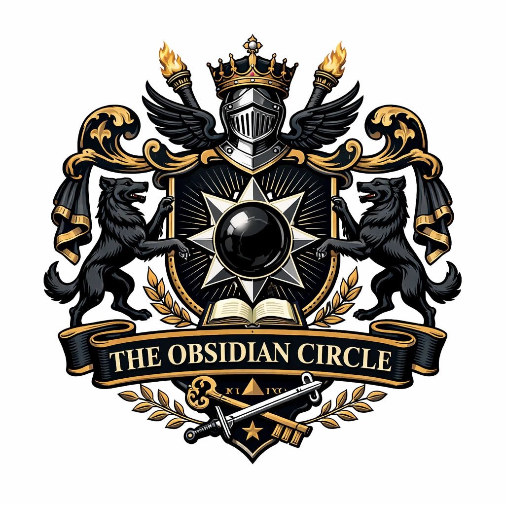 Heritage-style brand crest design with classic heraldic symbols, shields, crowns, and ornamental detailing: The Obsidian Circle