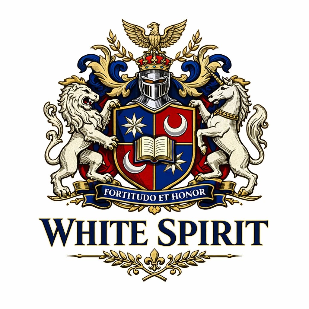 Heritage-style brand crest design with classic heraldic symbols, shields, crowns, and ornamental detailing: White Spirit