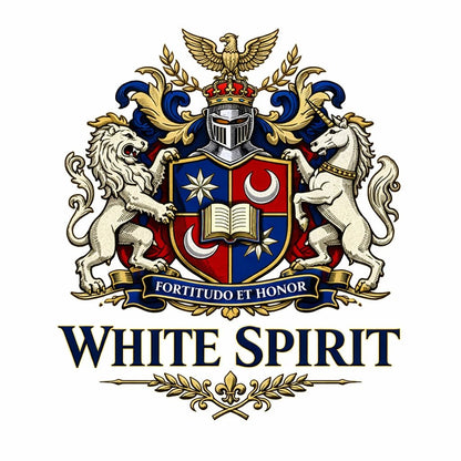 Heritage-style brand crest design with classic heraldic symbols, shields, crowns, and ornamental detailing: White Spirit