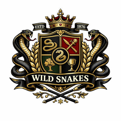 Heritage-style brand crest design with classic heraldic symbols, shields, crowns, and ornamental detailing: Wild Snakes
