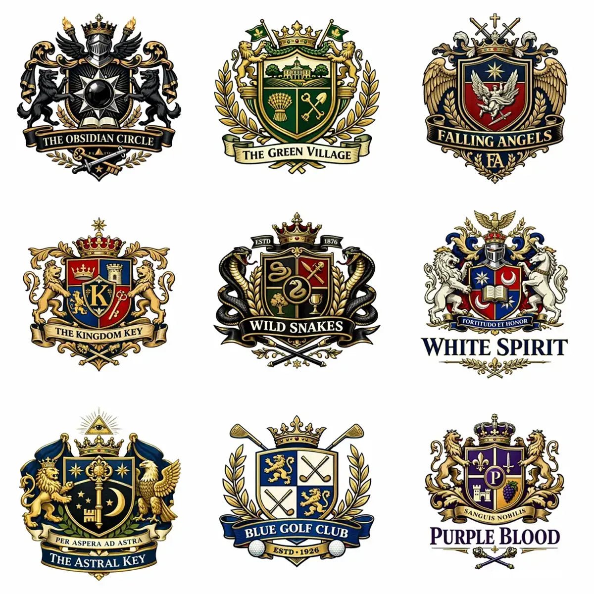 Nine Heritage-style brand crest designs with classic heraldic symbols, shields, crowns, and ornamental detailing arranged in a premium emblem grid.