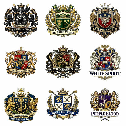 Nine Heritage-style brand crest designs with classic heraldic symbols, shields, crowns, and ornamental detailing arranged in a premium emblem grid.