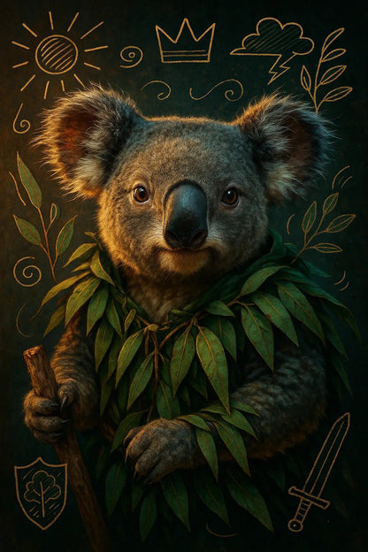 Example output of heroic animal portraits generated by a ChatGPT prompt template, showcasing a Koala.