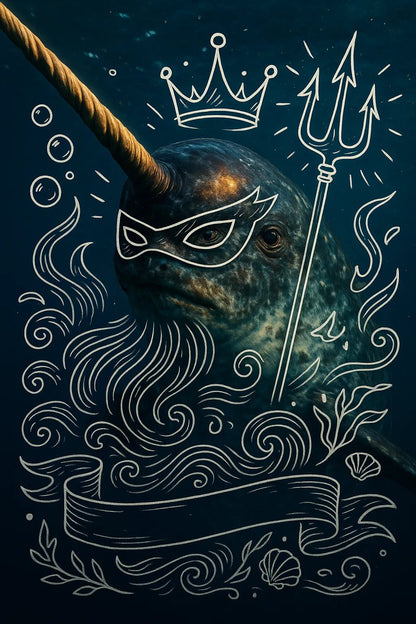 Example output of heroic animal portraits generated by a ChatGPT prompt template, showcasing a Narwhal.