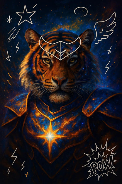 Example output of heroic animal portraits generated by a ChatGPT prompt template, showcasing a Tiger.