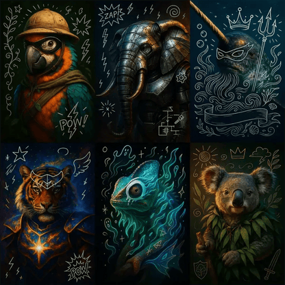 Example output of heroic animal portraits generated by a ChatGPT prompt template, showcasing a pith-helmeted parrot, steampunk elephant, crowned narwhal, armored tiger, glowing chameleon, and leaf-clad koala, each accented with dynamic white doodle overlays—lightning bolts, gears, crowns, and botanical sketches—against a dark, dramatic background.
