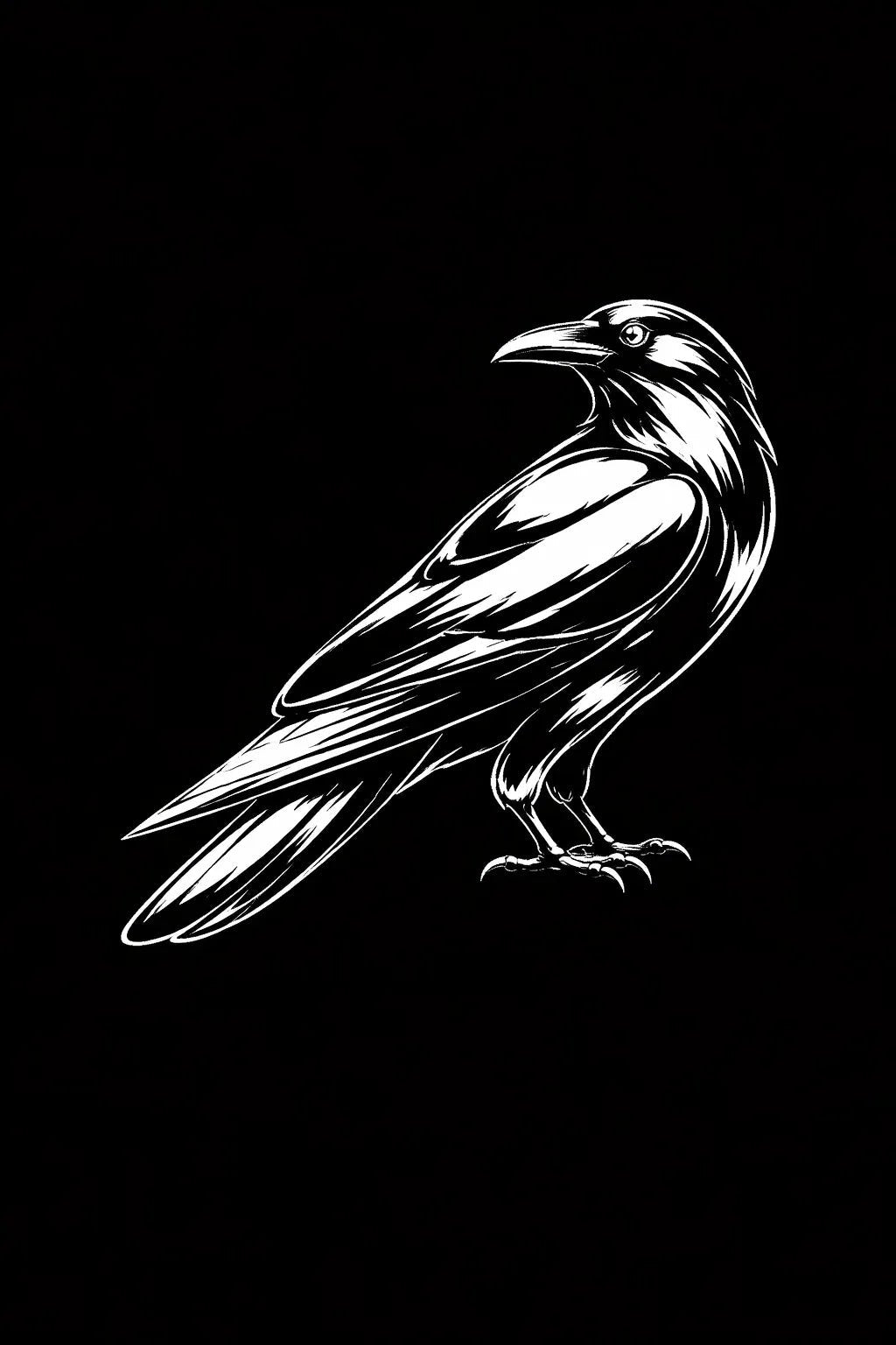 Example output from the High-Contrast Chrome Illustrations ChatGPT prompt: Raven