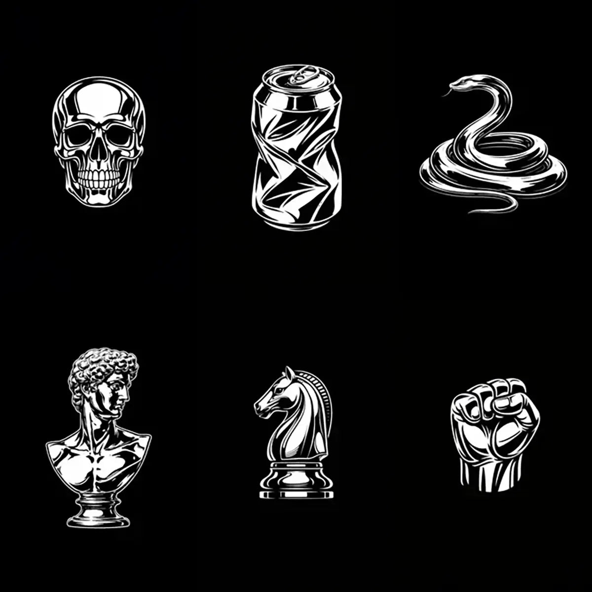 Example output from the High-Contrast Chrome Illustrations ChatGPT prompt: six minimalist chrome-style icons rendered with glossy ink lines on deep black backgrounds, creating a sculptural, reflective look.