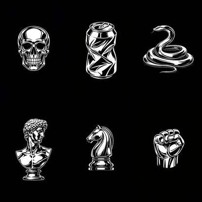 Example output from the High-Contrast Chrome Illustrations ChatGPT prompt: six minimalist chrome-style icons rendered with glossy ink lines on deep black backgrounds, creating a sculptural, reflective look.