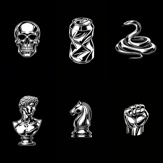 Example output from the High-Contrast Chrome Illustrations ChatGPT prompt: six minimalist chrome-style icons rendered with glossy ink lines on deep black backgrounds, creating a sculptural, reflective look.