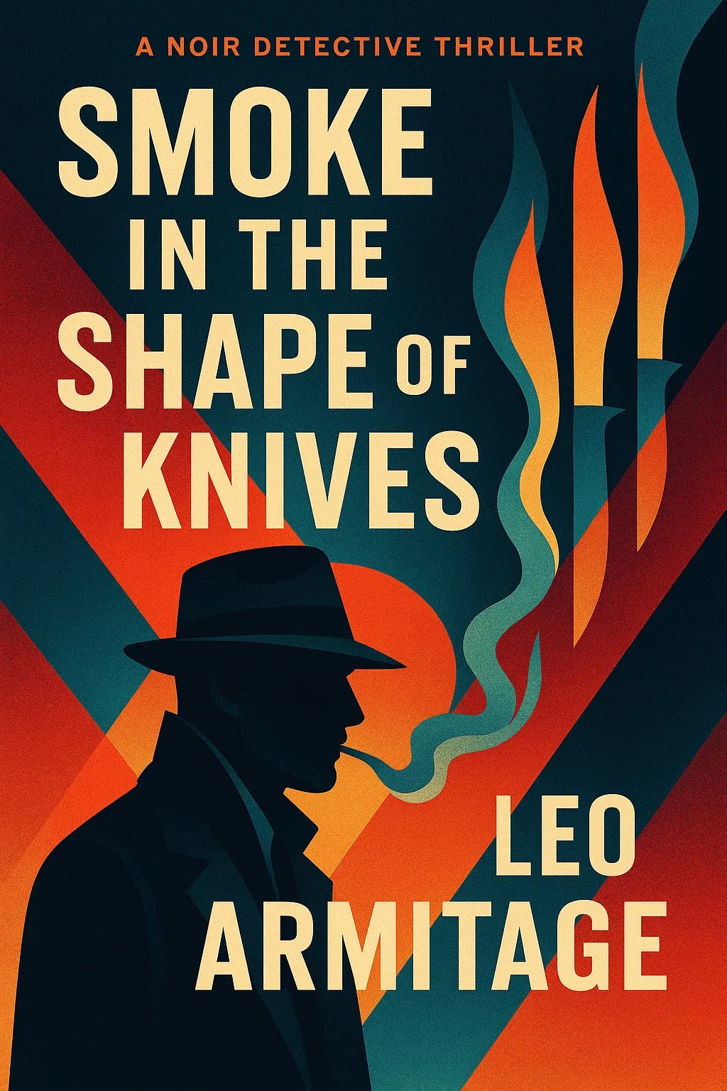 Example output from the High End Retro Modern Book Covers ChatGPT prompt: editorial-style book covers. Smoke in the Shape of Knives.