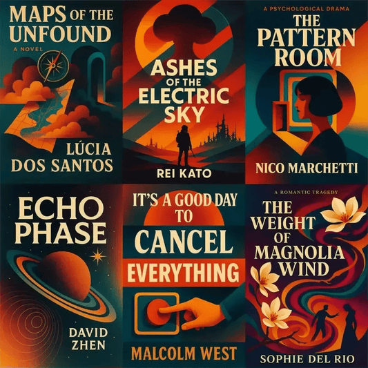 Example output from the High End Retro Modern Book Covers ChatGPT prompt: editorial-style book covers with bold color blocks, symbolic shapes, vintage textures, and elegant typography—perfect for indie lit and concept fiction.