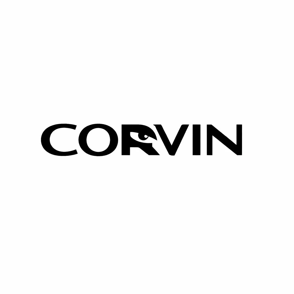 Minimal black and white high-end typographic logo concept with symbolic elements fused directly into custom geometric wordmark: CORVIN