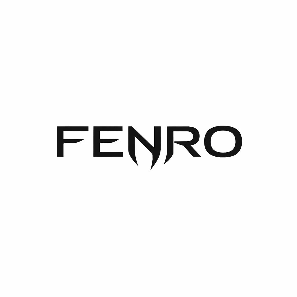 Minimal black and white high-end typographic logo concept with symbolic elements fused directly into custom geometric wordmark: FENRO