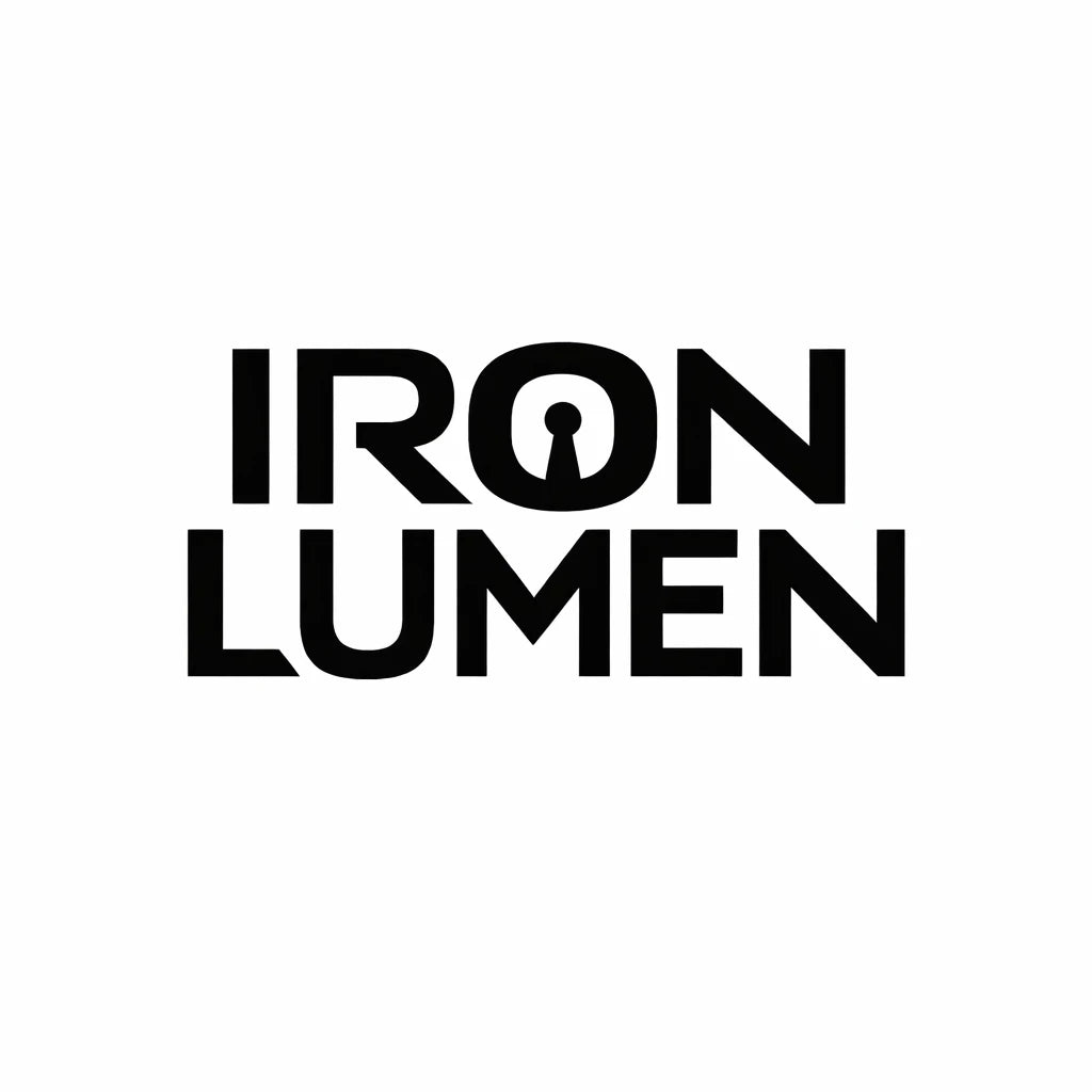 Minimal black and white high-end typographic logo concept with symbolic elements fused directly into custom geometric wordmark: Iron Lumen