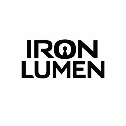 Minimal black and white high-end typographic logo concept with symbolic elements fused directly into custom geometric wordmark: Iron Lumen