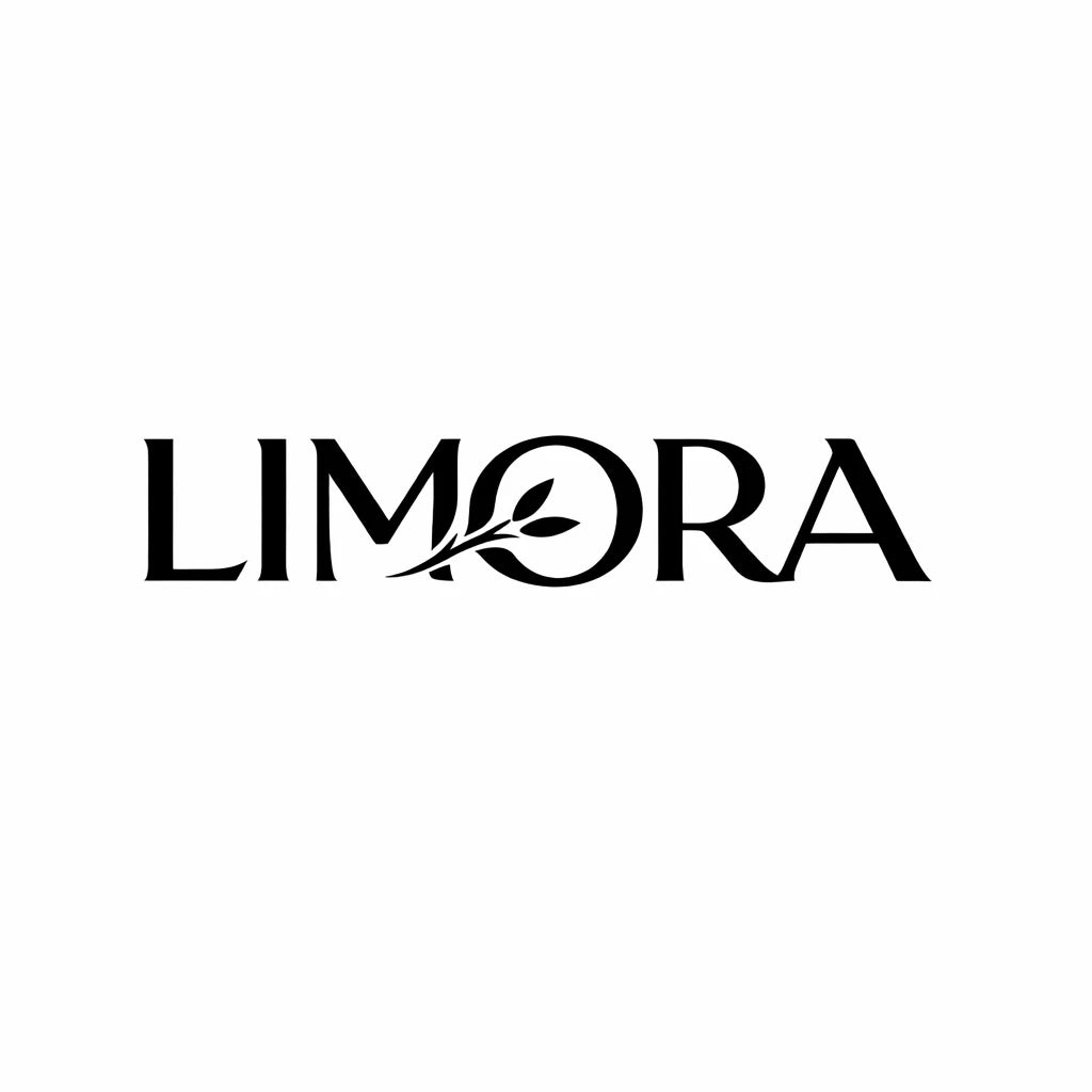 Minimal black and white high-end typographic logo concept with symbolic elements fused directly into custom geometric wordmark: LIMORA